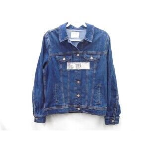 Old Navy Womens L Denim Trucker Jacket Dark Wash Blue Jean Classic Cotton Blend